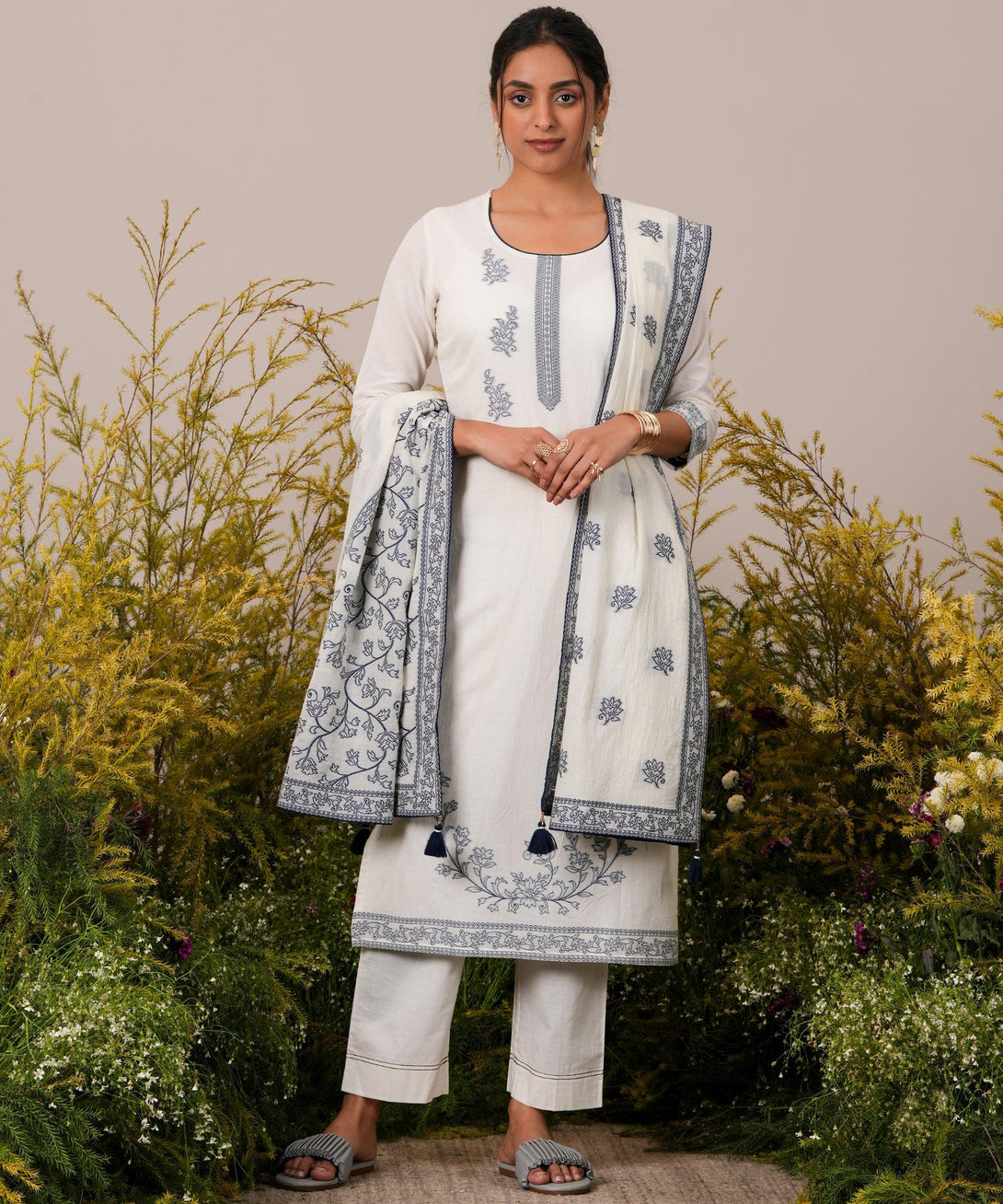 Off White Woven Design Cotton Straight Suit With Dupatta - Jashvi