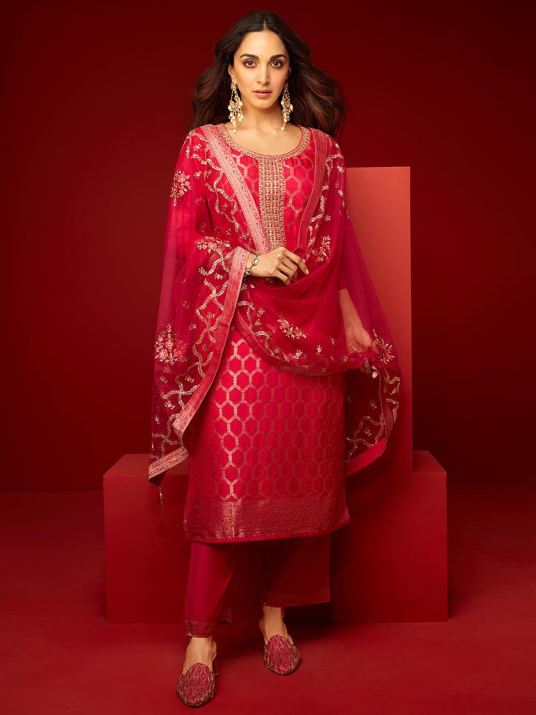 Pink Woven Design Silk Blend Straight Suit With Dupatta - Jashvi