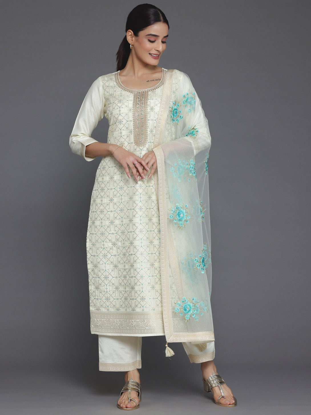 Cream Woven Design Silk Blend Straight Suit With Dupatta - Jashvi