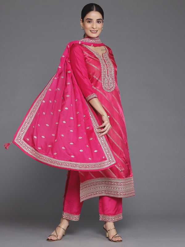 Pink Self Design Silk Blend Straight Suit With Dupatta