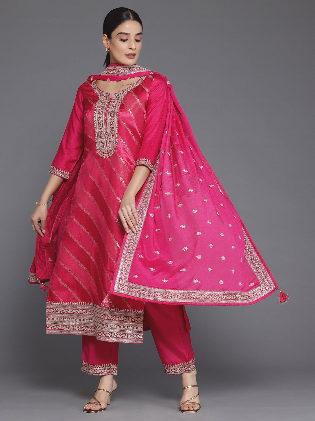 Pink Self Design Silk Blend Straight Suit With Dupatta - Jashvi