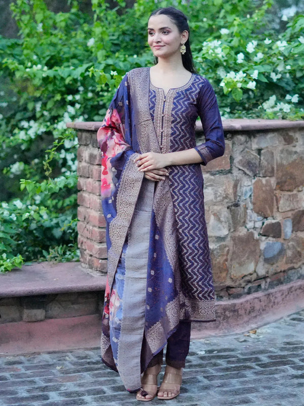 Blue Woven Design Silk Blend Straight Suit With Dupatta