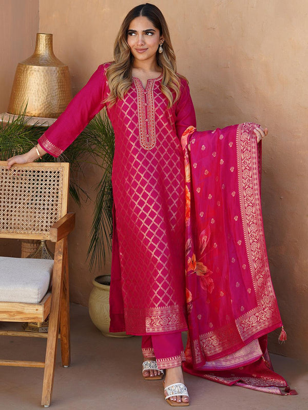 Pink Woven Design Silk Blend Straight Suit With Dupatta