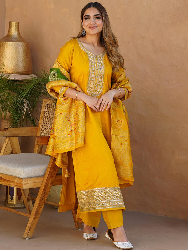 Mustard Woven Design Silk Blend Straight Suit With Dupatta - Jashvi