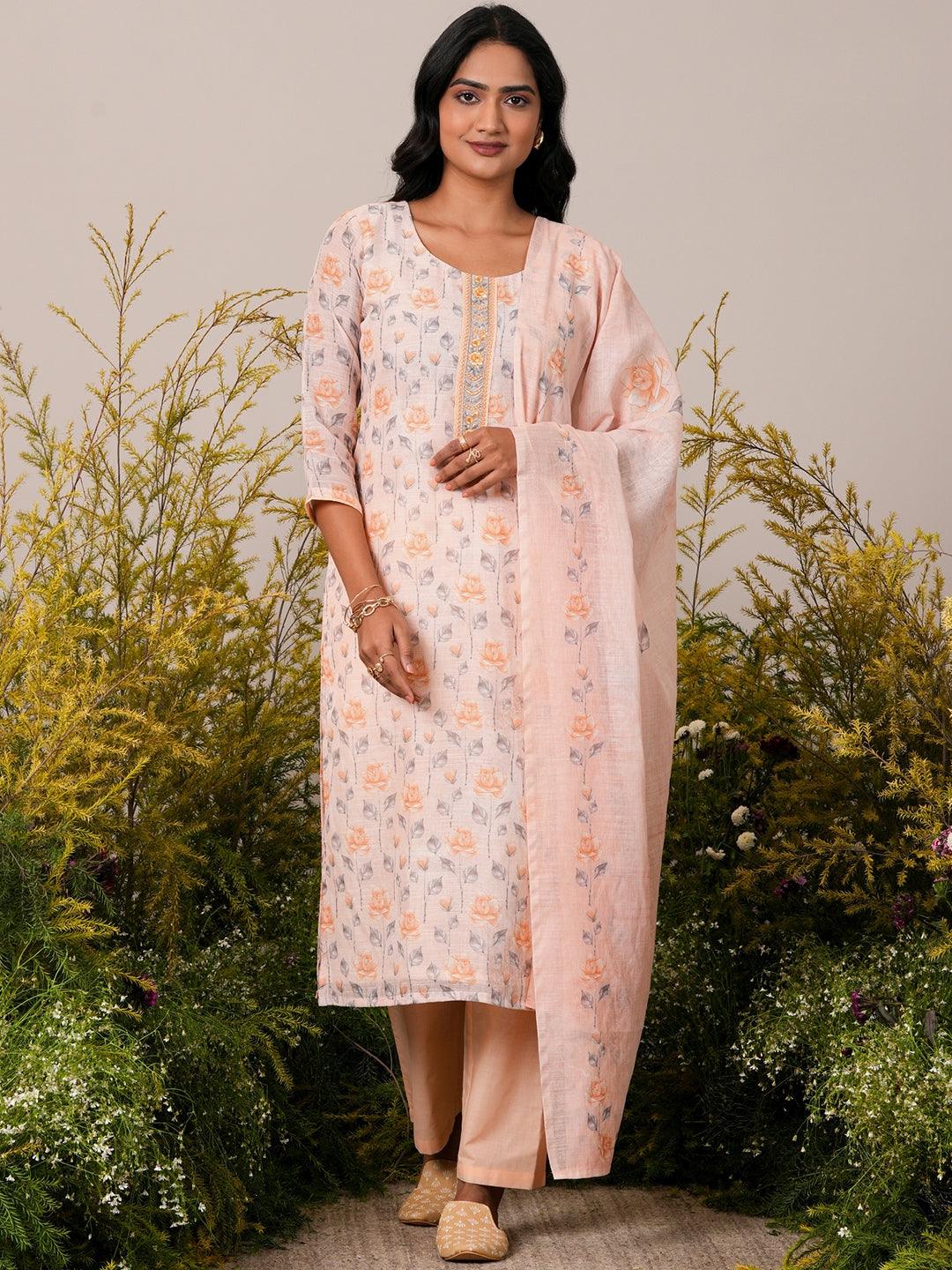 Peach Printed Linen Straight Suit With Dupatta - Jashvi