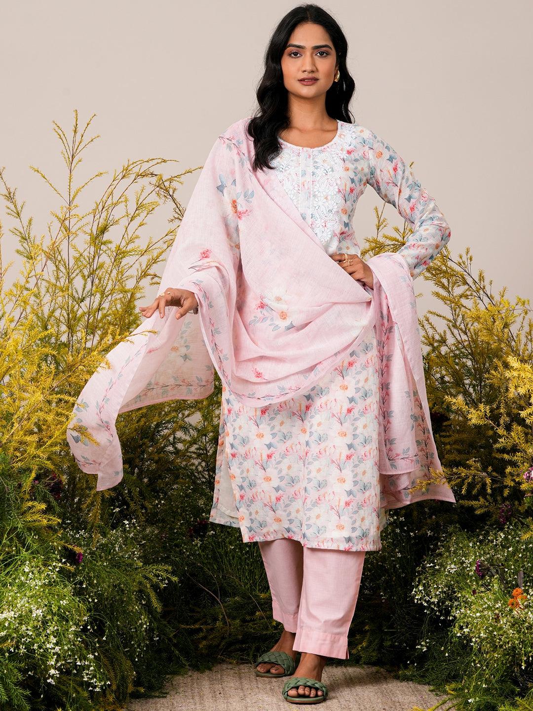 Pink Printed Linen Straight Suit With Dupatta - Jashvi