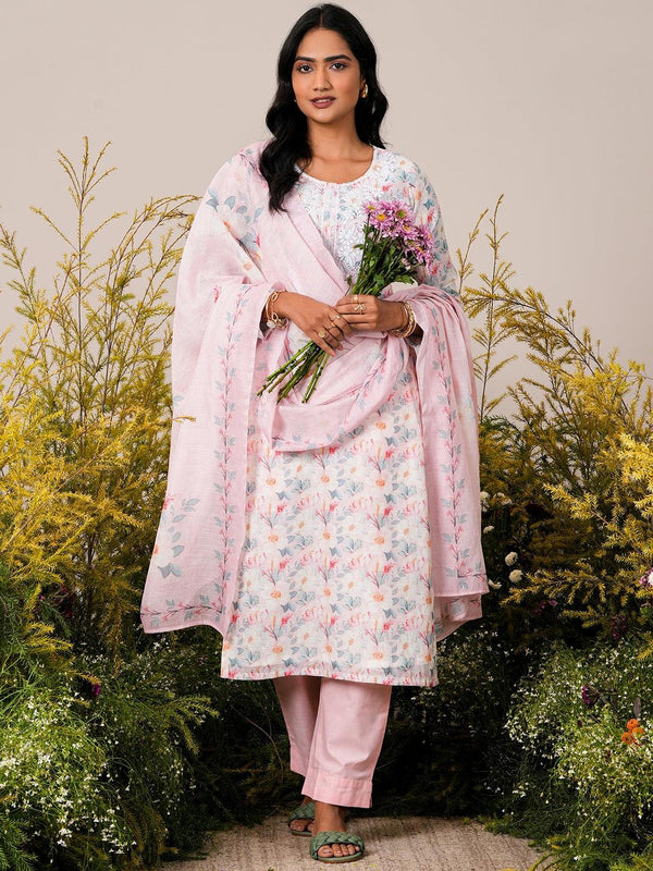 Pink Printed Linen Straight Suit With Dupatta