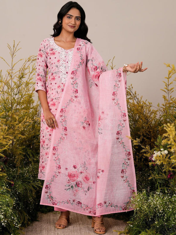 Pink Printed Linen Straight Suit With Dupatta - Jashvi