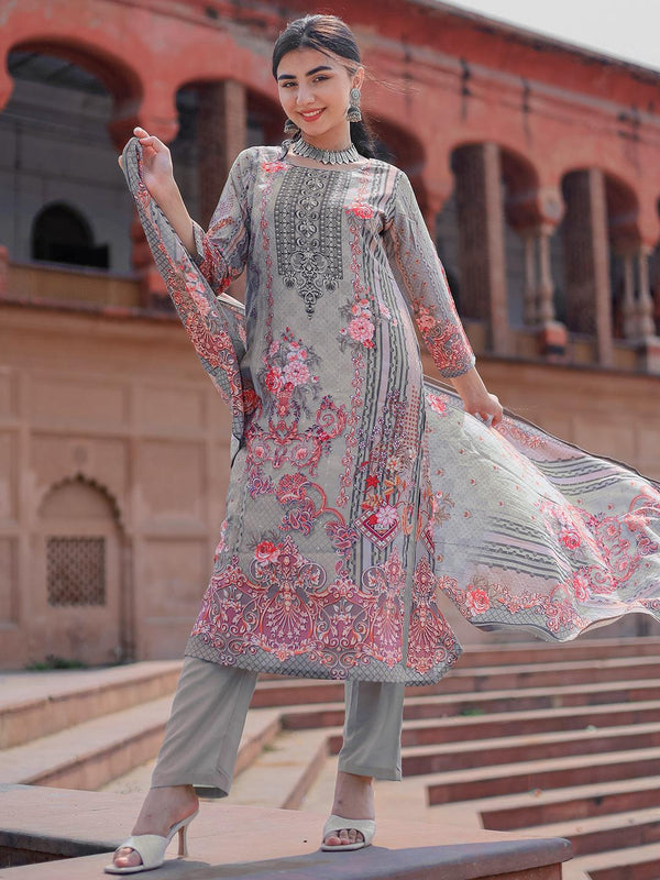 Grey Printed Silk Blend Pakistani Suit