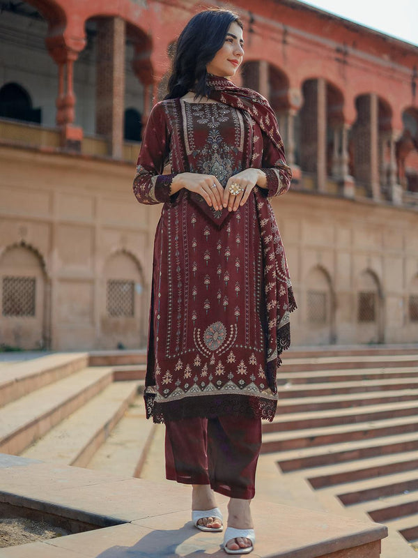 Wine Printed Silk Blend Pakistani Suit