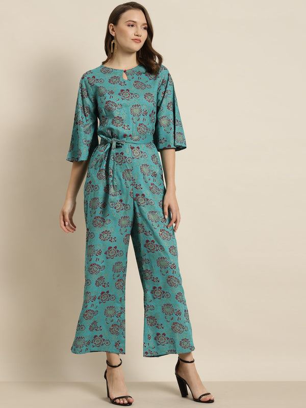 Women's Teal Rayon Floral Print Jumpsuit - Juniper