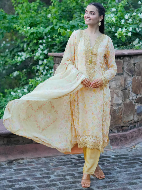 Olive Embroidered Organza Straight Suit With Dupatta