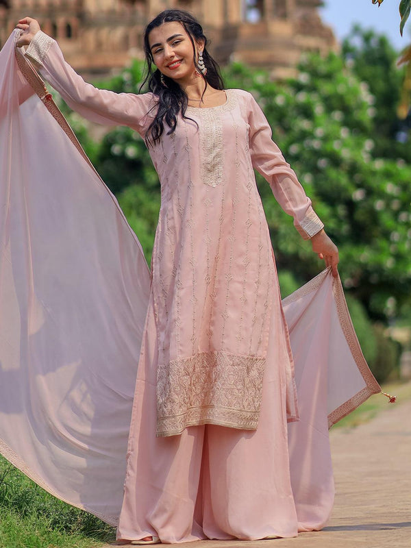 Peach Embroidered Georgette Pakistani Suit