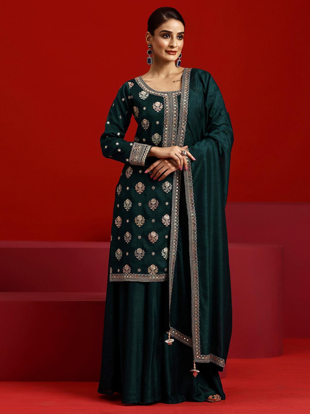 Jashvi Art Blue Embroidered Silk Blend Straight Suit With Dupatta - Jashvi