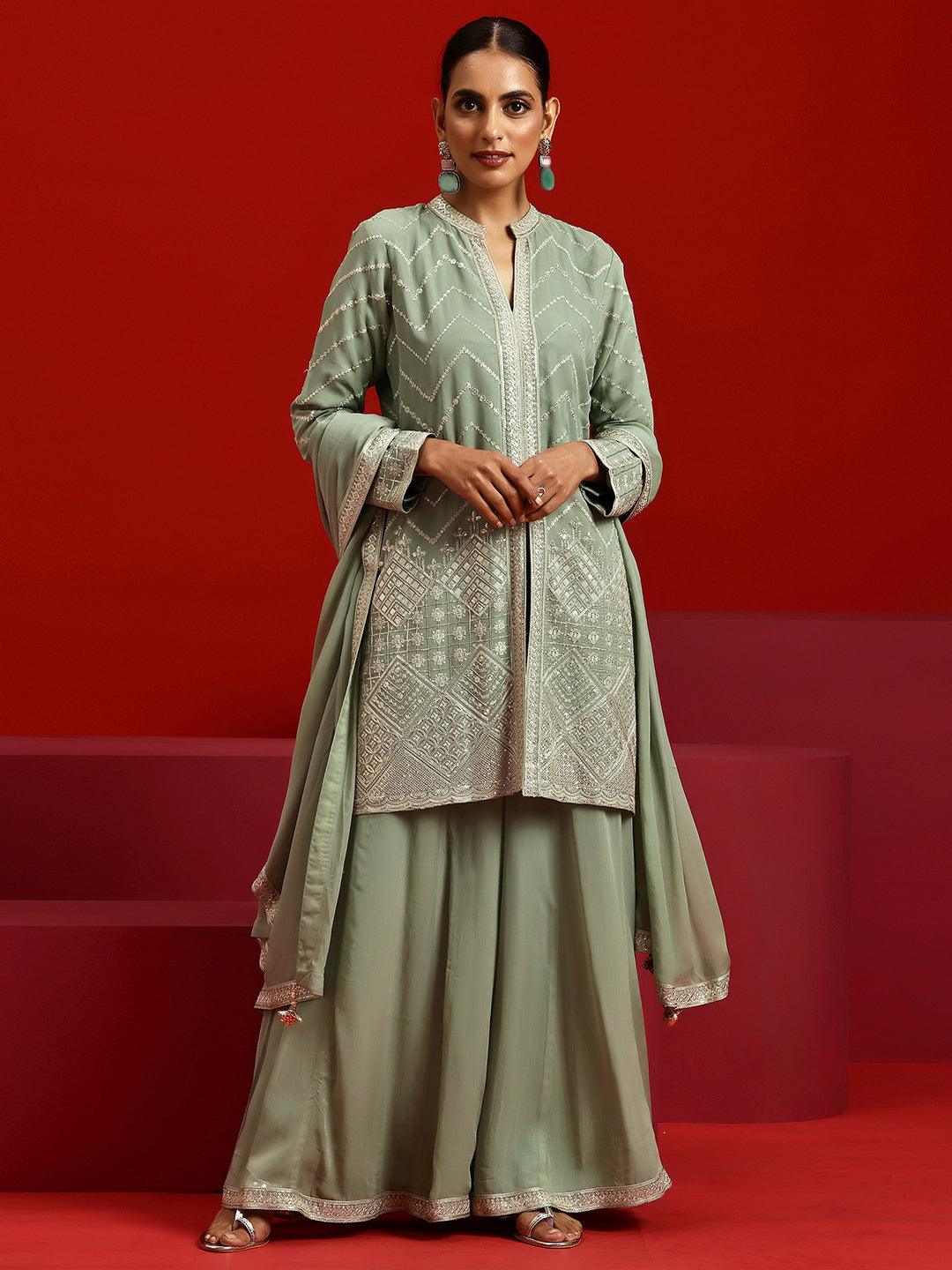 Jashvi Art Green Embroidered Georgette A-Line Kurta With Sharara & Dupatta - Jashvi