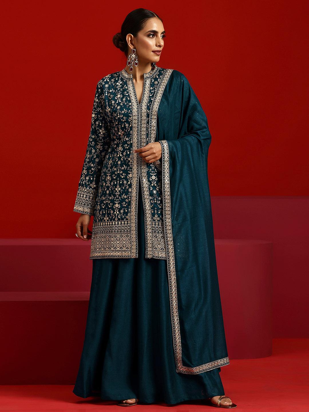 Jashvi Art Teal Embroidered Silk Blend Straight Suit With Dupatta - Jashvi