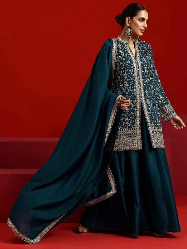 Jashvi Teal Embroidered Silk Blend Pakistani Suit