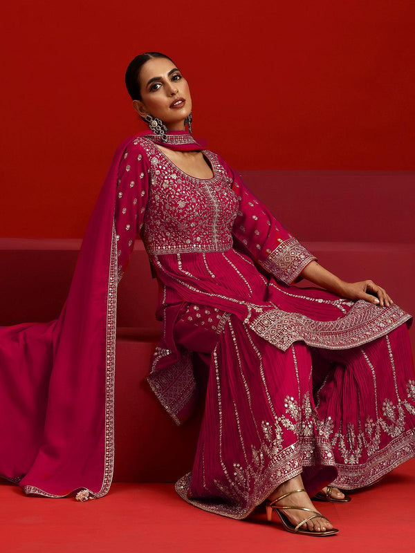 Jashvi Art Pink Embroidered Silk Blend Straight Suit With Dupatta - Jashvi