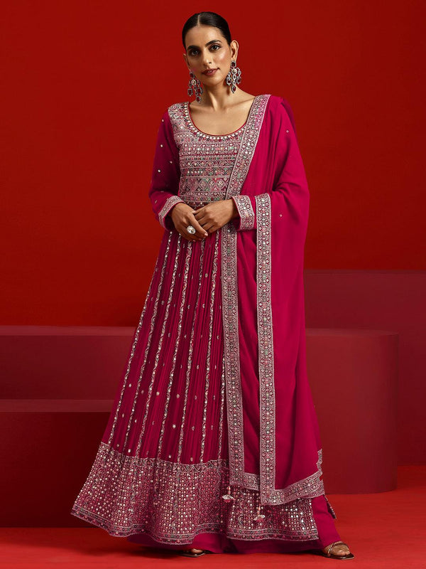 Jashvi Art Hot Pink Embroidered Georgette A-Line Kurta With Palazzos & Dupatta - Jashvi