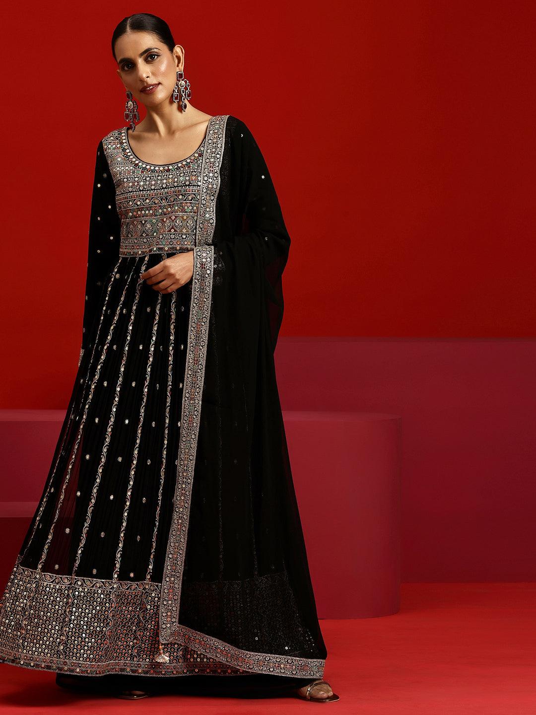 Jashvi Art Black Embroidered Georgette A-Line Kurta With Palazzos & Dupatta - Jashvi