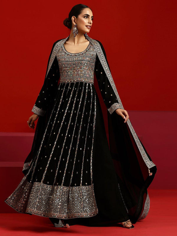 Jashvi Art Black Embroidered Georgette A-Line Kurta With Palazzos & Dupatta