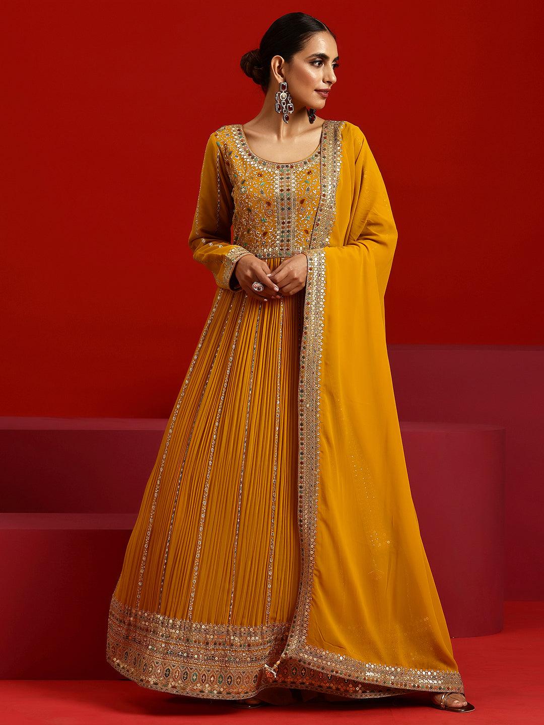 Jashvi Art Amber Embroidered Georgette A-Line Kurta With Palazzos & Dupatta - Jashvi