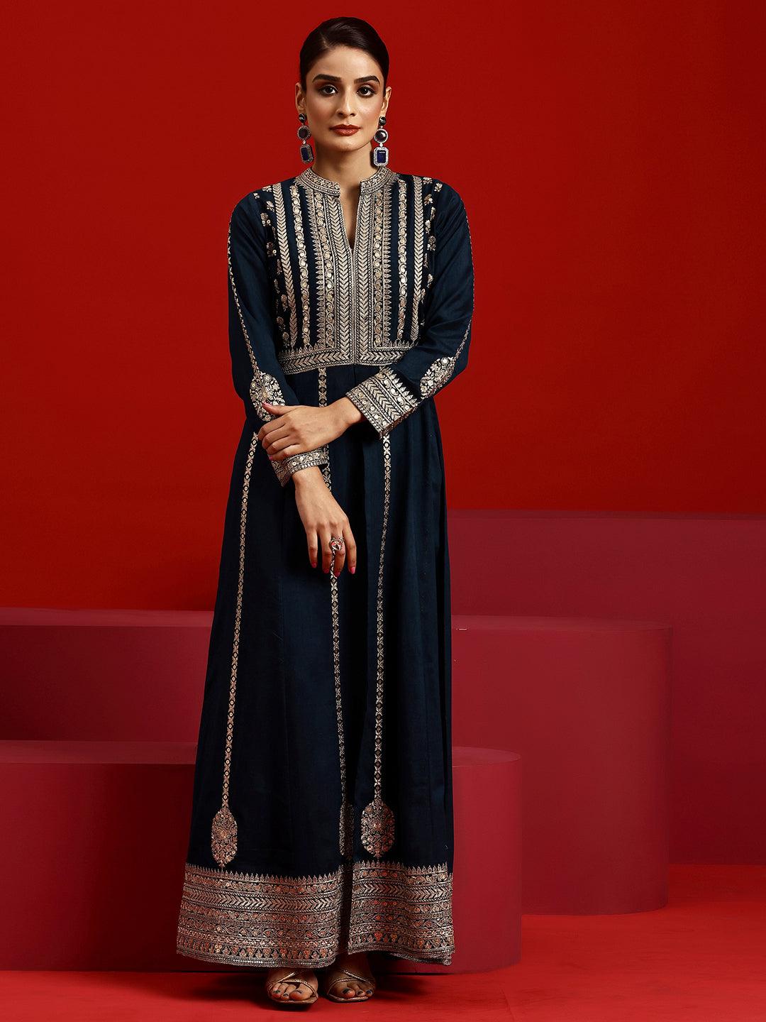 Jashvi Art Navy Embroidered Georgette A-Line Kurta With Trousers & Dupatta - Jashvi