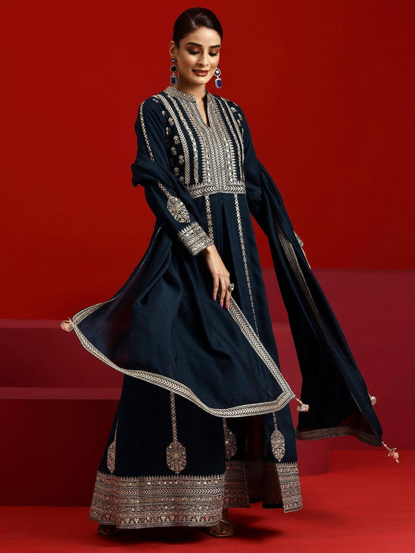 Jashvi Art Navy Embroidered Georgette A-Line Kurta With Trousers & Dupatta