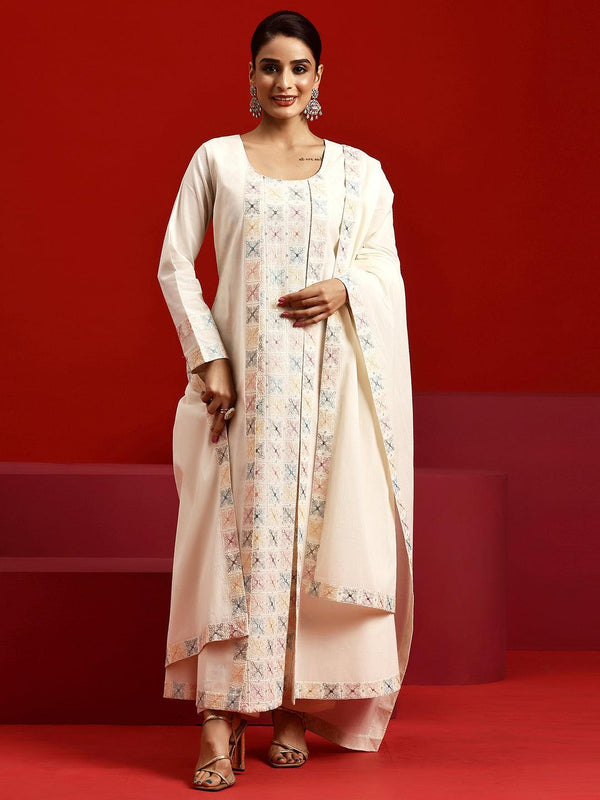 Jashvi Art Off White Embroidered Cotton A-Line Kurta With Trousers & Dupatta - Jashvi