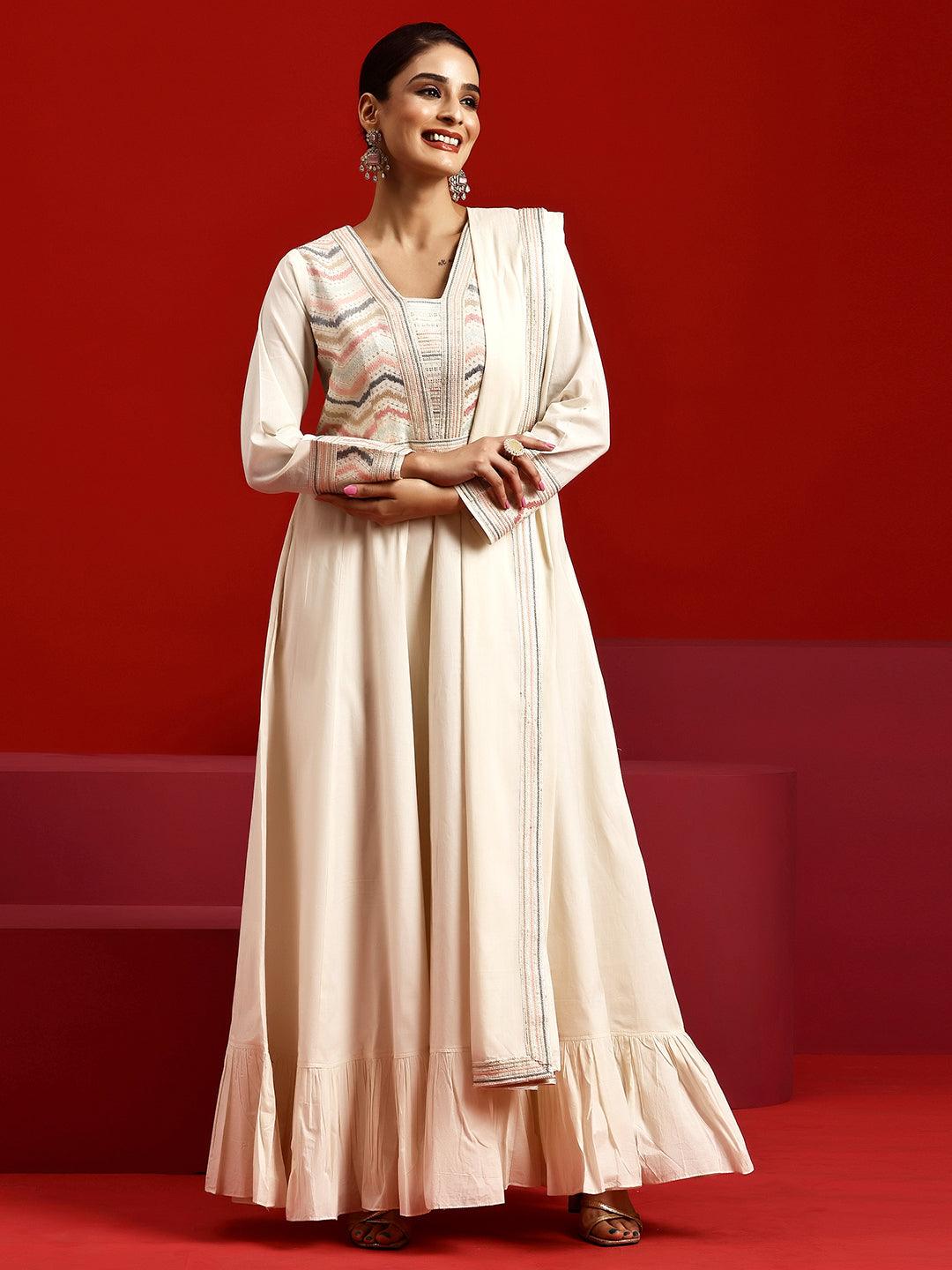 Jashvi Art Off White Embroidered Cotton A-Line Kurta With Trousers & Dupatta - Jashvi