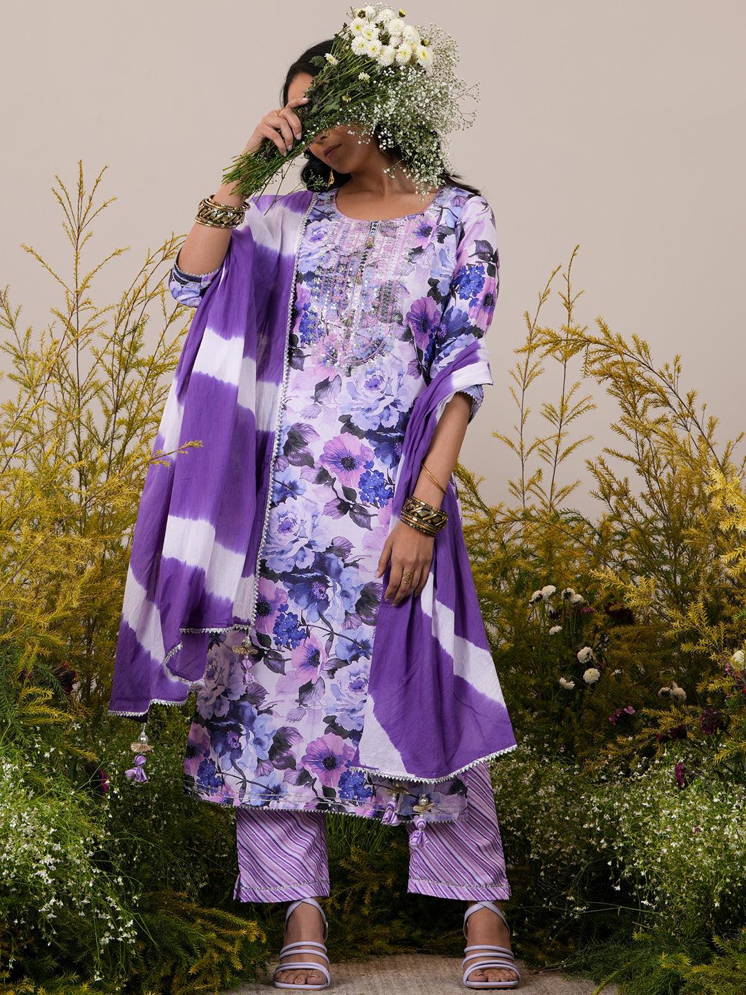 Lavender Printed Cotton Straight Suit With Dupatta - Jashvi