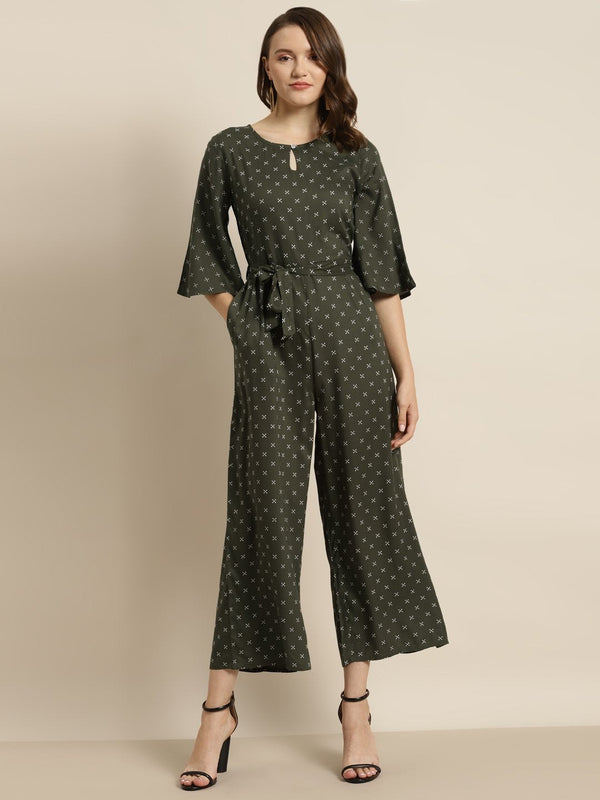 Women's Olive Rayon Ethnic Motif Print Jumpsuit - Juniper