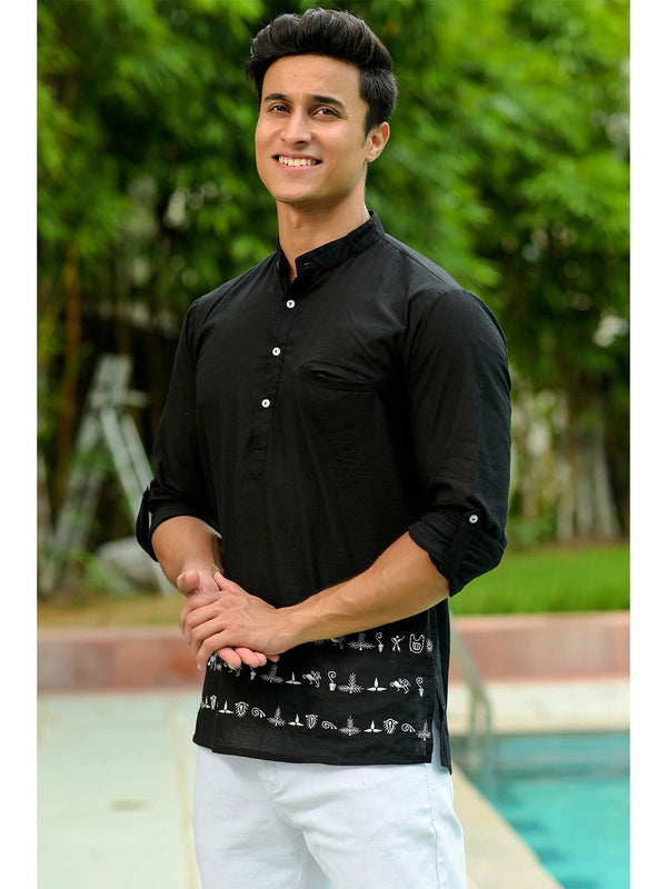 Men's Black Embroidered Cotton Kurta - Hatheli