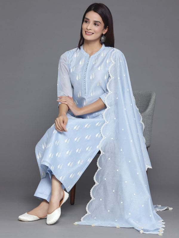 Blue Embroidered Chanderi Silk Pakistani Suit