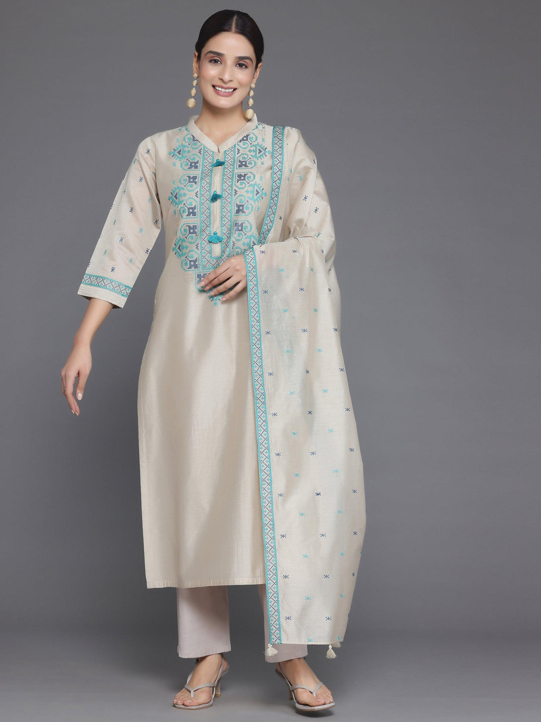 Beige Yoke Design Chanderi Silk Straight Suit With Dupatta - Jashvi