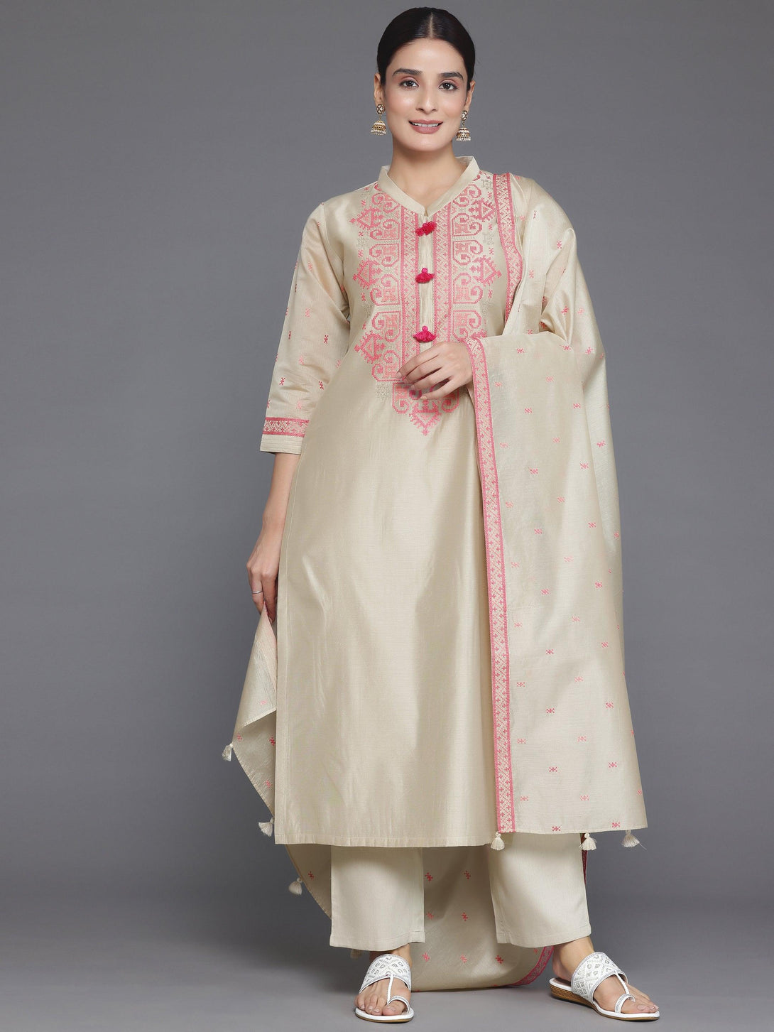 Beige Yoke Design Chanderi Silk Straight Suit With Dupatta - Jashvi