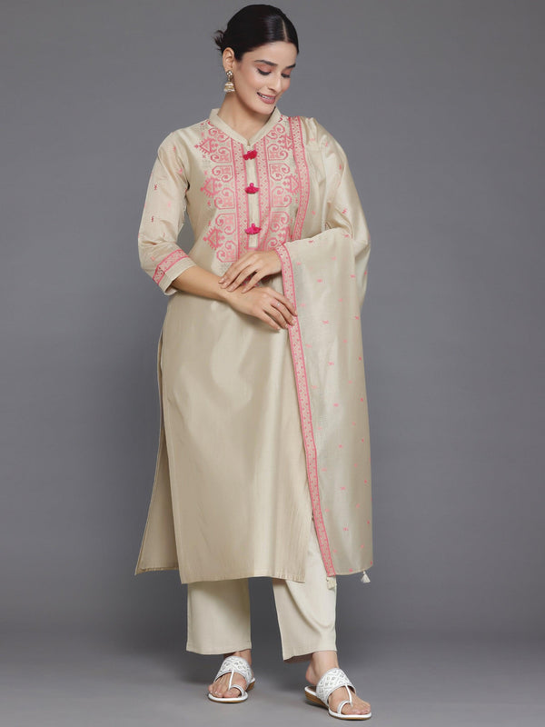 Beige Yoke Design Chanderi Silk Straight Suit With Dupatta