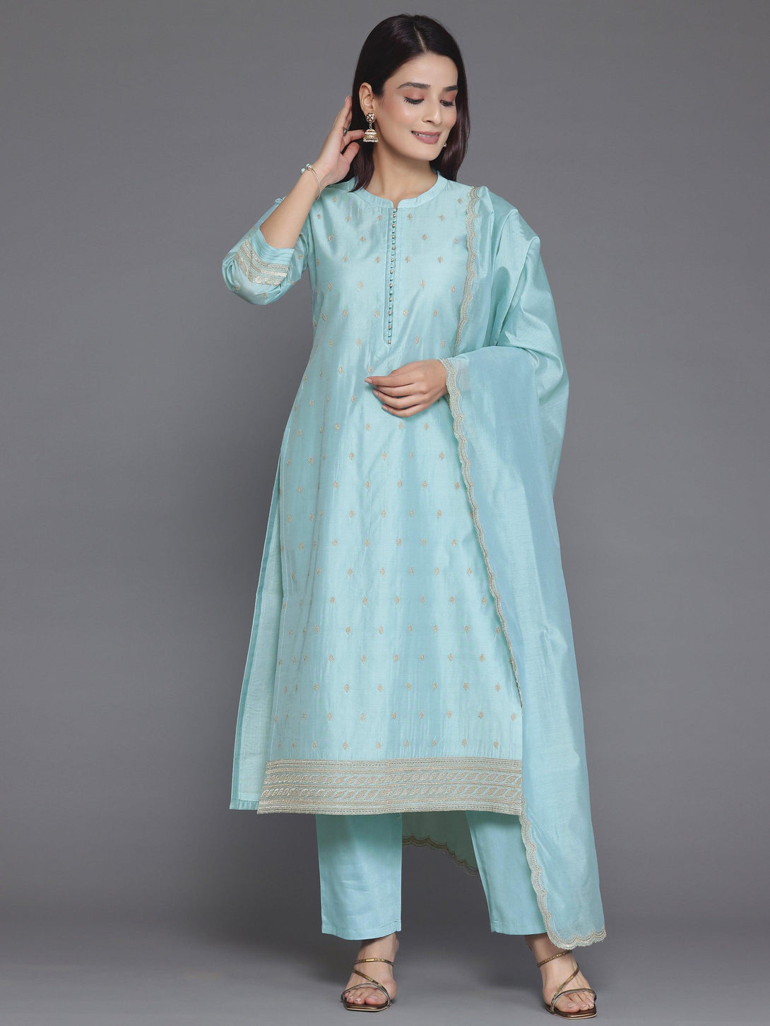 Blue Embroidered Chanderi Silk Straight Suit With Dupatta - Jashvi