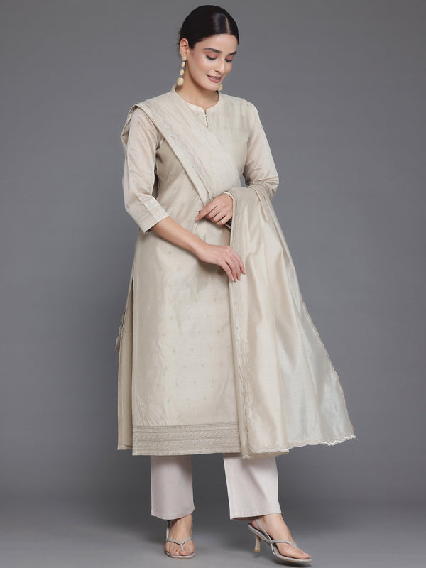 Beige Embroidered Chanderi Silk Straight Suit With Dupatta - Jashvi