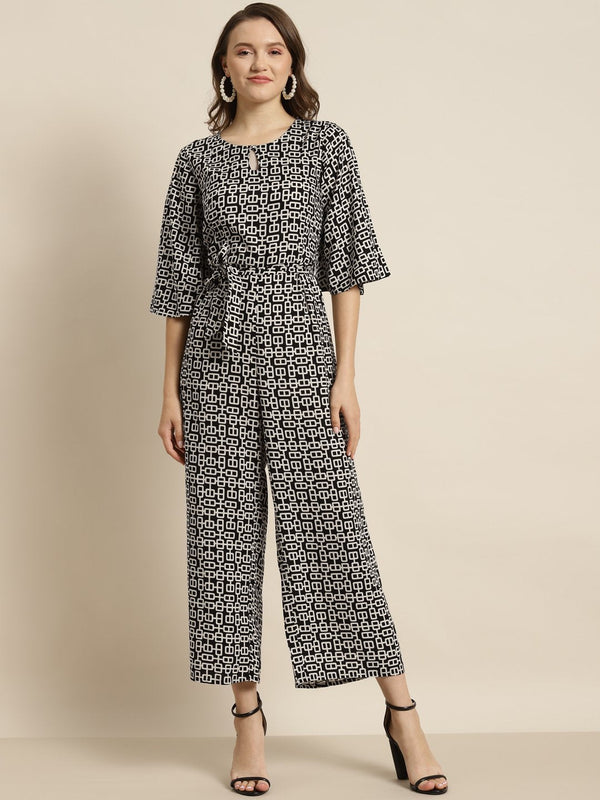 Women's Black Rayon Geometric Print Jumpsuit - Juniper