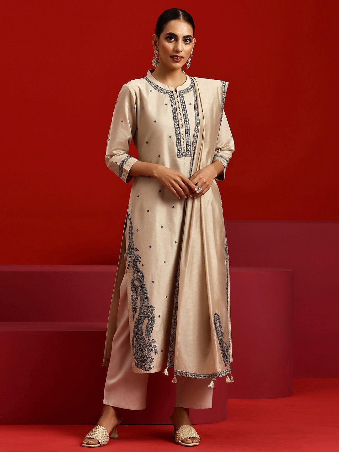 Jashvi Art Beige Embroidered Chanderi Silk Straight Suit With Dupatta - Jashvi