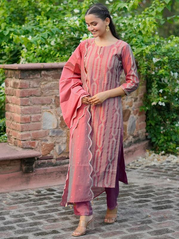 Jashvi Art Pink Embroidered Chanderi Silk Straight Suit With Dupatta