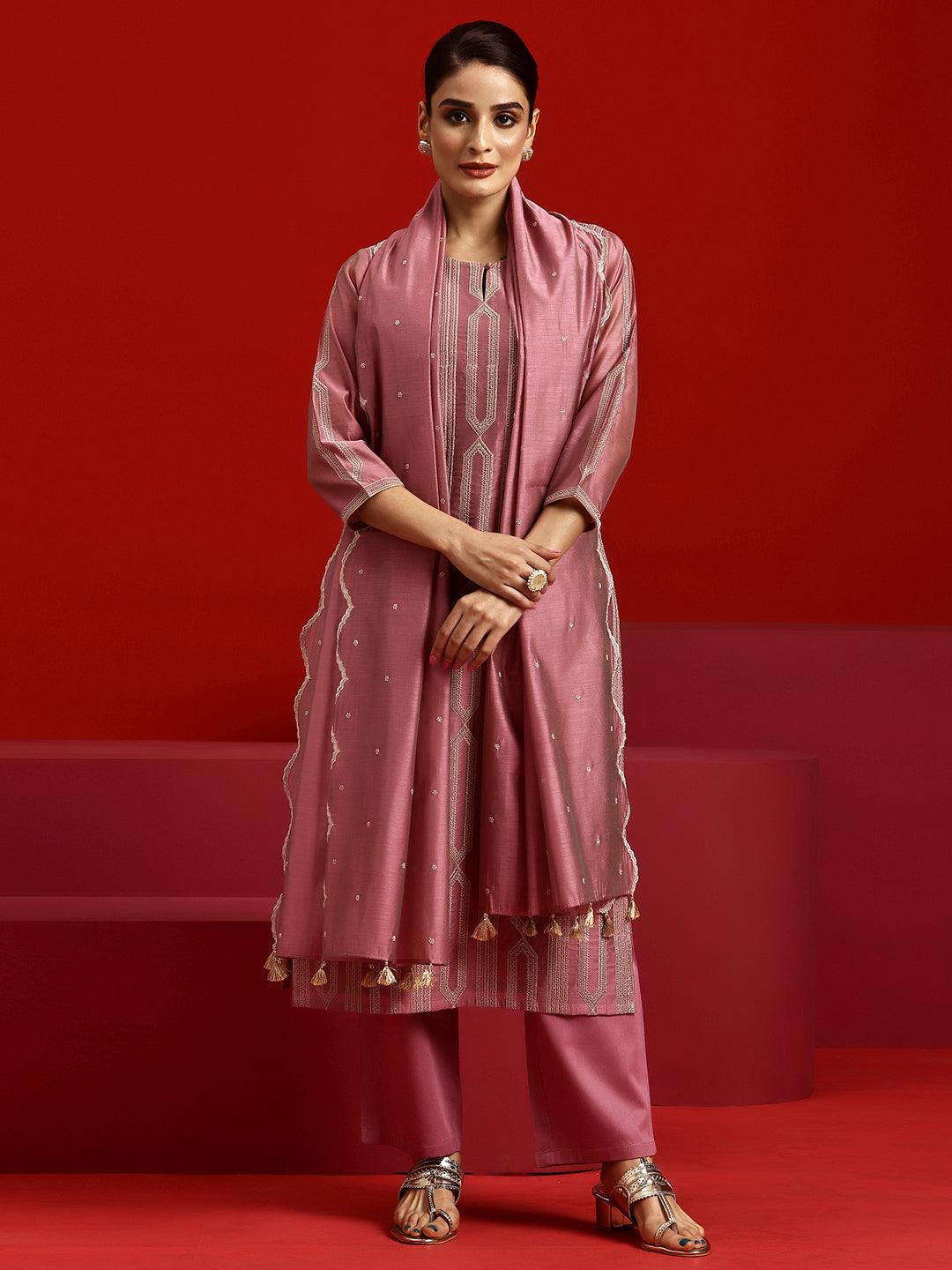 Jashvi Art Pink Embroidered Chanderi Silk Straight Suit With Dupatta - Jashvi