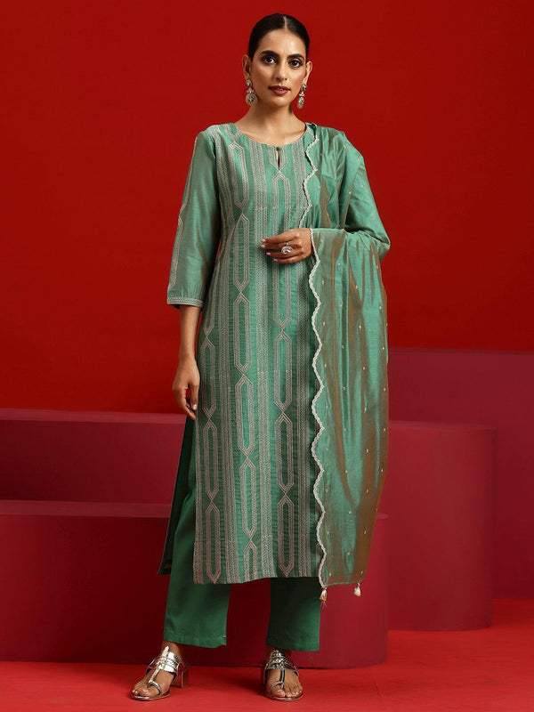 Jashvi Art Green Embroidered Chanderi Silk Straight Suit With Dupatta