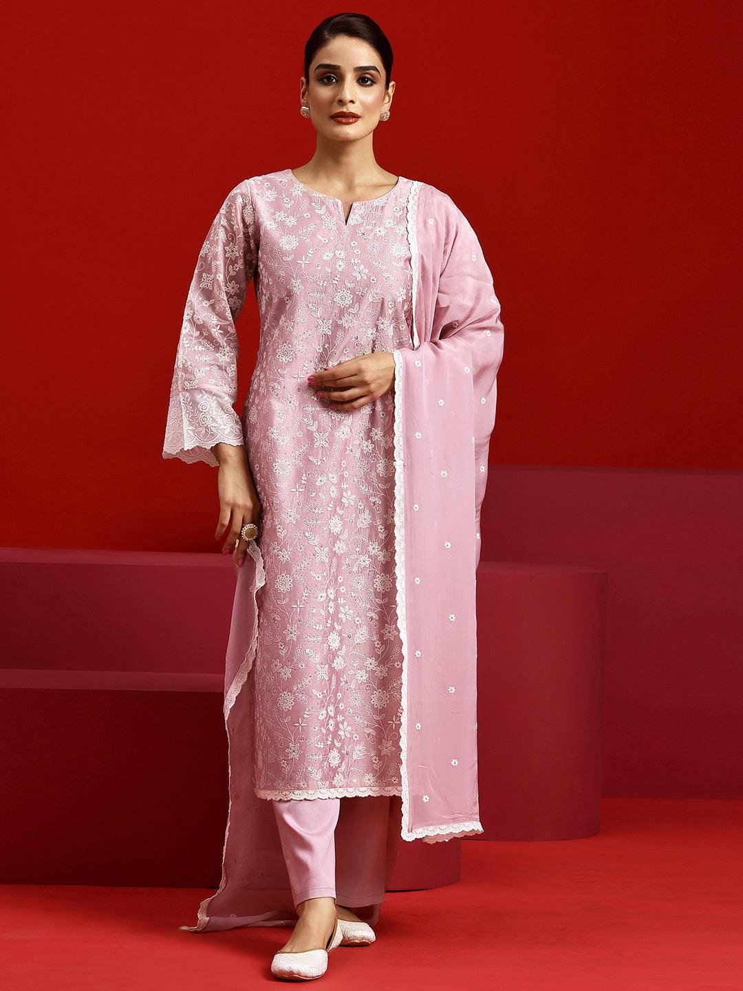 Jashvi Art Pink Embroidered Chanderi Silk Straight Suit With Dupatta - Jashvi