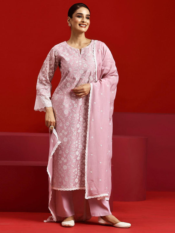 Jashvi Art Pink Embroidered Chanderi Silk Straight Suit With Dupatta