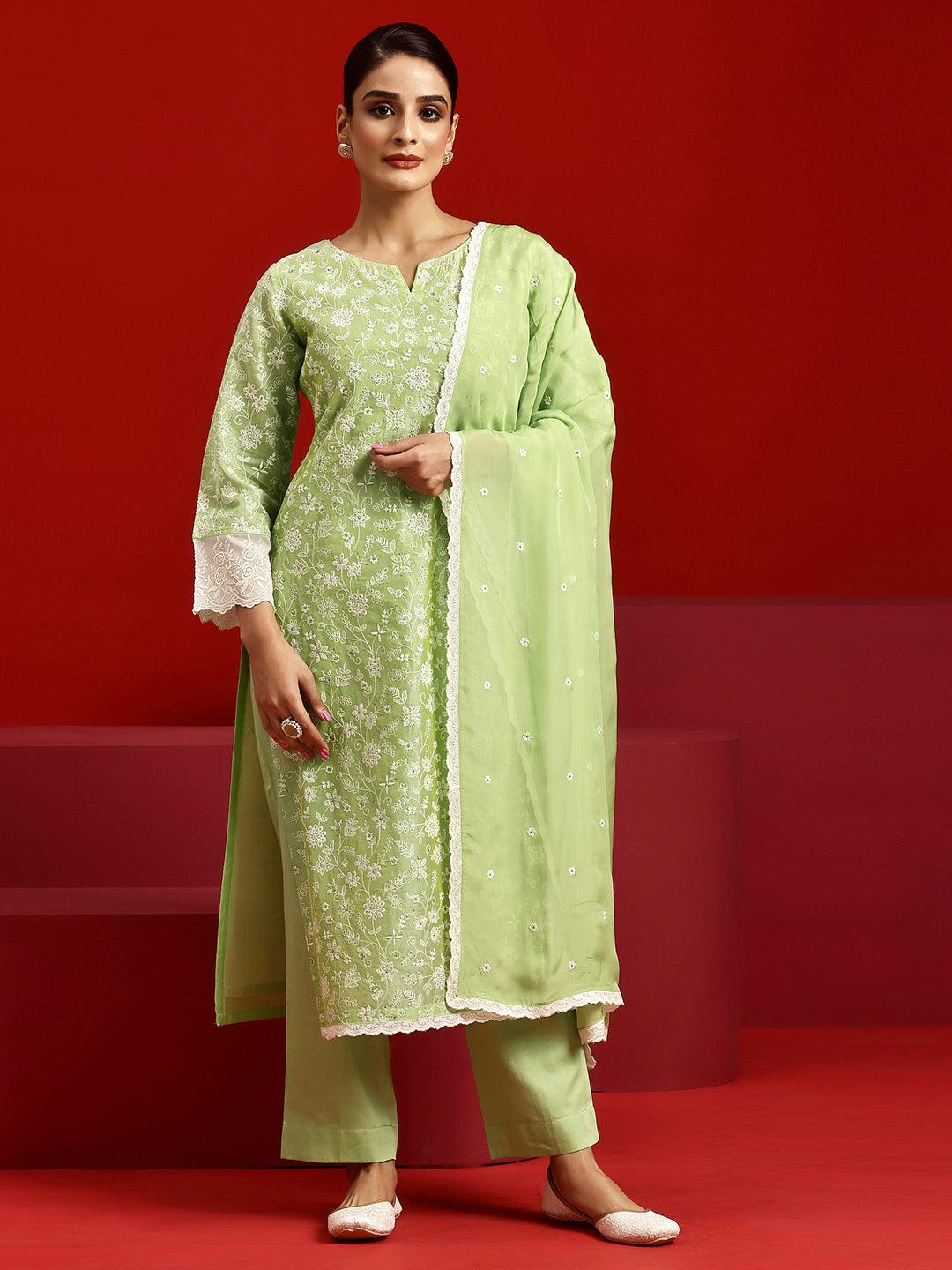 Jashvi Art Green Embroidered Chanderi Silk Straight Suit With Dupatta - Jashvi