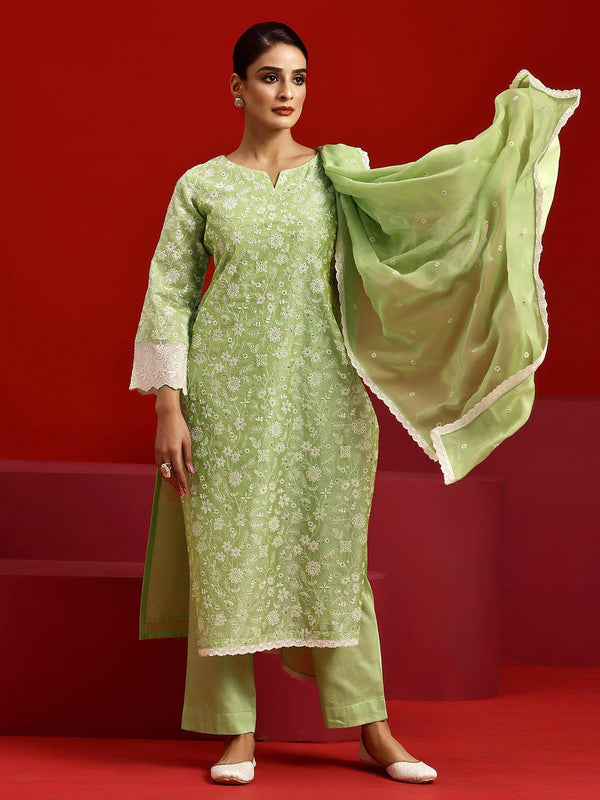 Jashvi Art Green Embroidered Chanderi Silk Straight Suit With Dupatta