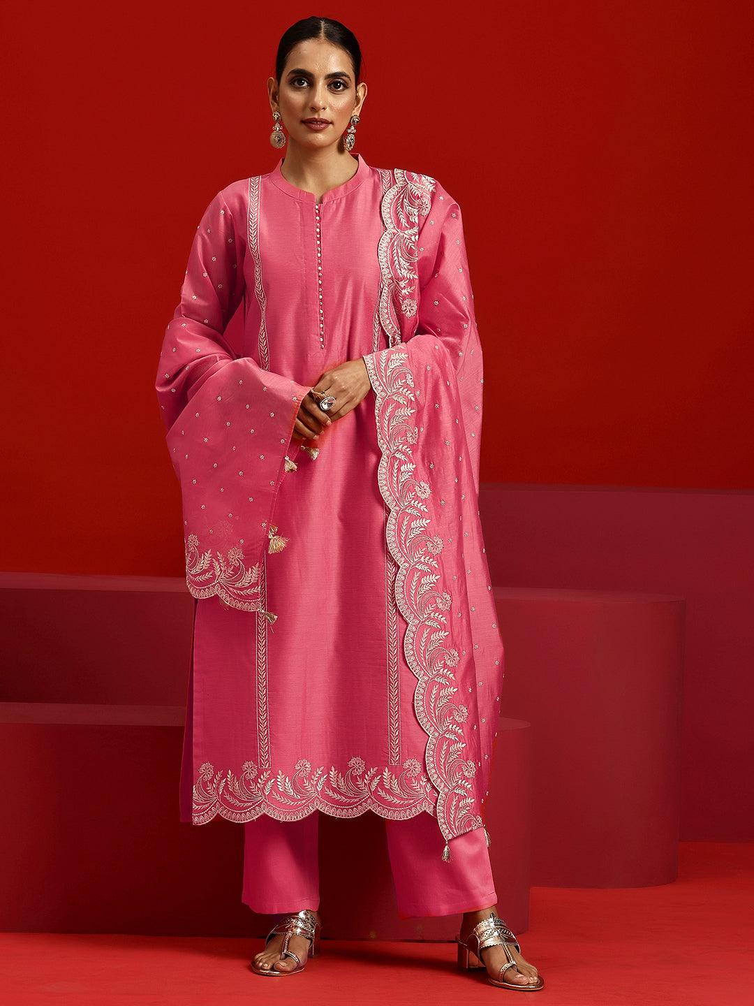 Jashvi Art Coral Embroidered Chanderi Silk Straight Suit With Dupatta - Jashvi