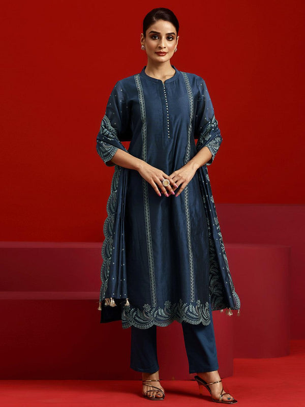 Jashvi Art Blue Embroidered Chanderi Silk Straight Suit With Dupatta - Jashvi